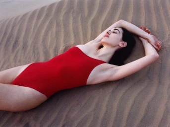 Model Alicia Lindén Guinez lying on sand dunes wearing a red one-piece swimsuit in a fashion editorial photograph by Jacques Brun.