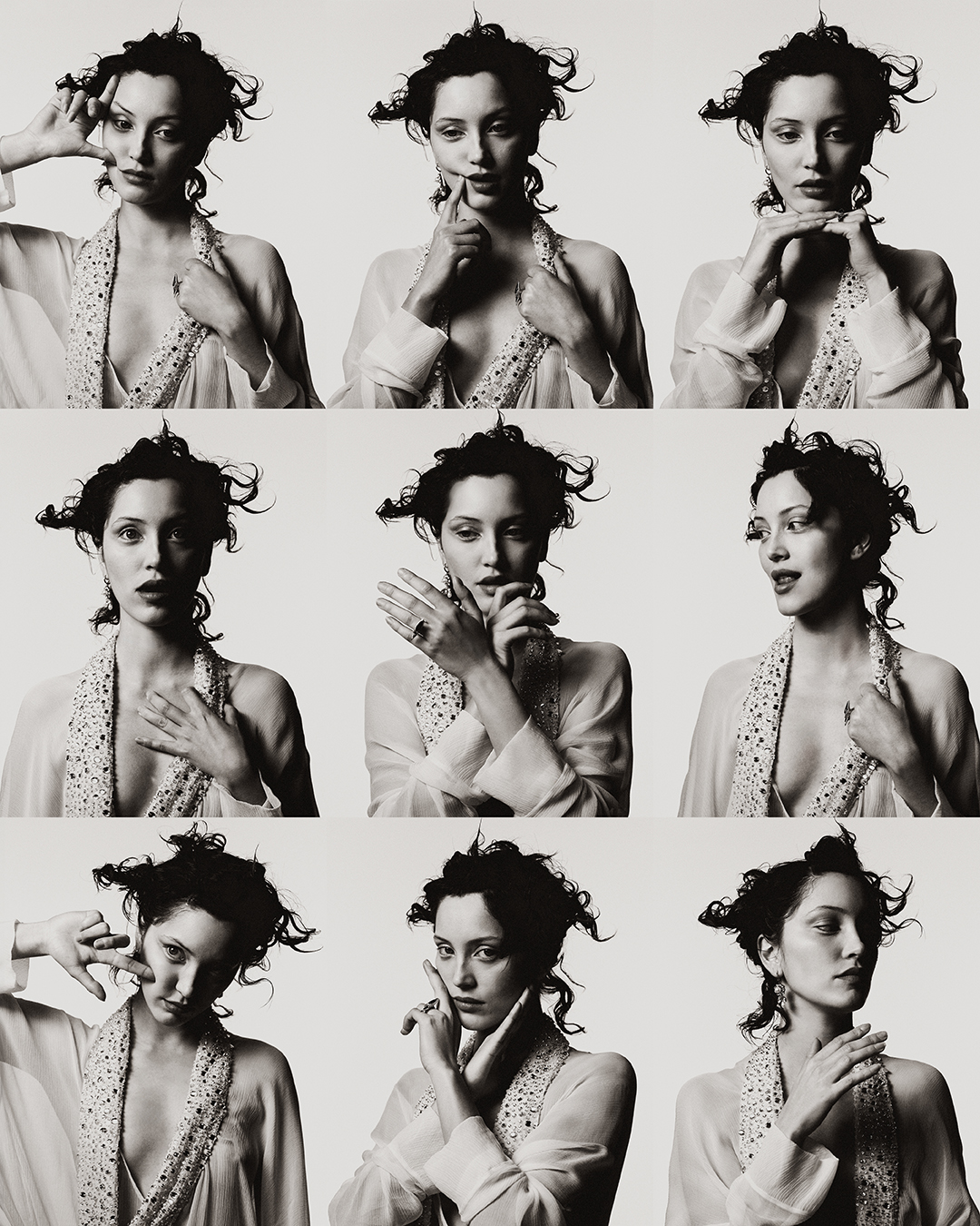 Black and white portrait collage features a woman in a sheer robe against a light background, striking various poses with her hands and face.