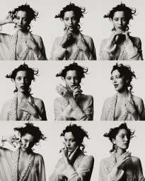 Nine-panel grid photo showing a woman posing with various hand gestures against a plain white background