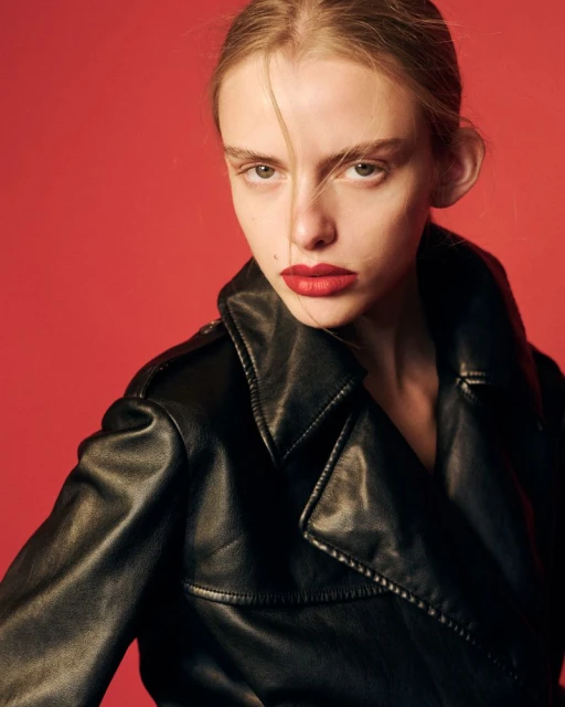 Portrait of an adult female with fair skin and blonde hair, wearing a black leather jacket against a solid red background.