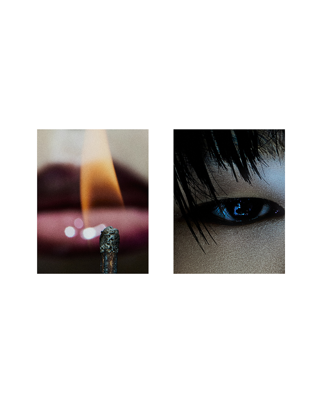 Macro diptych features lit match near lips and close-up of a blue eye with dark hair, set against a neutral background.