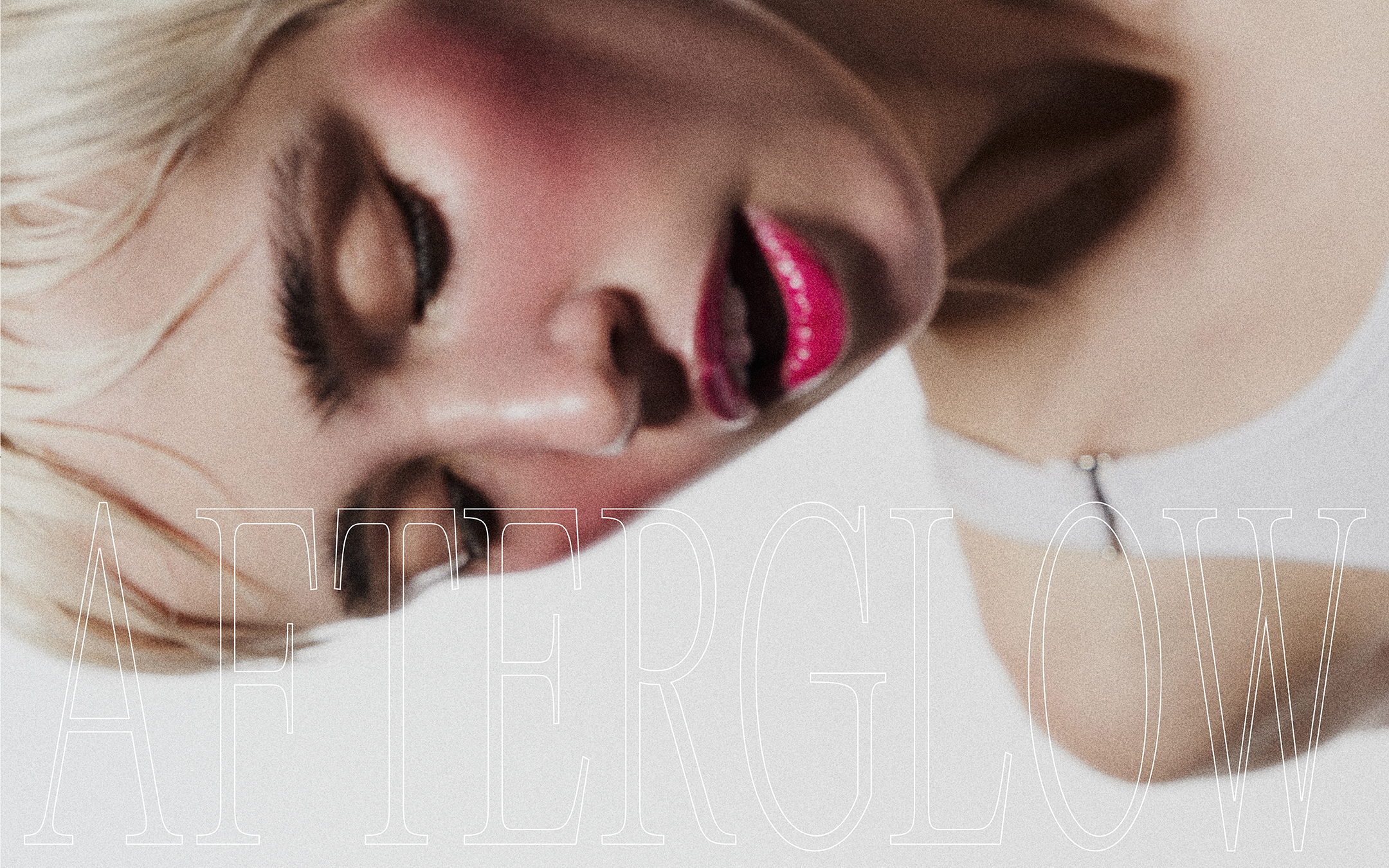 Close-up studio shot of a woman with pink blush and lipstick, pale hair, and white top, under white lighting and featuring large text overlay.