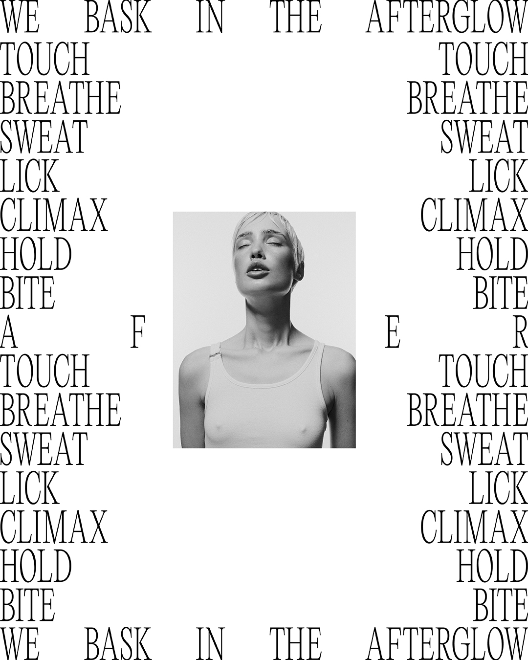 Monochrome portrait of a woman with short blonde hair wearing a white tank top framed by repeated serif text on a white background