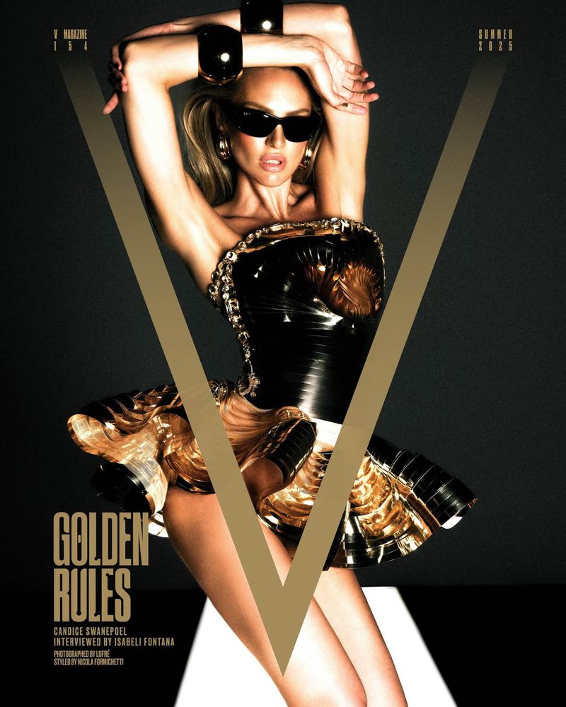Fashion magazine cover featuring Candice Swanepoel wearing sunglasses and a futuristic black and gold dress with the letter V in the background.