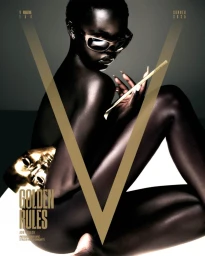 Adut Akech wearing dark sunglasses and holding a golden prop against a stark white and grey backdrop for V Magazine.