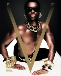 Alton Mason wearing gold jewellery and sunglasses posing for V Magazine Summer 2025 covers against a studio backdrop