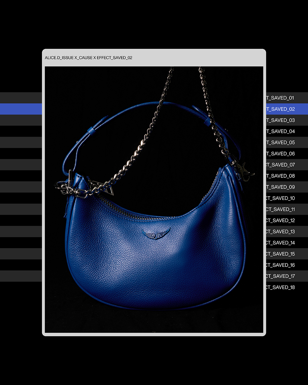 Close-up studio shot of a blue leather hobo bag with a silver chain strap on a black backdrop. Fashion product photography.