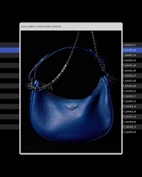 Blue leather shoulder handbag with a metal chain strap against a dark background for Alice.D Magazine