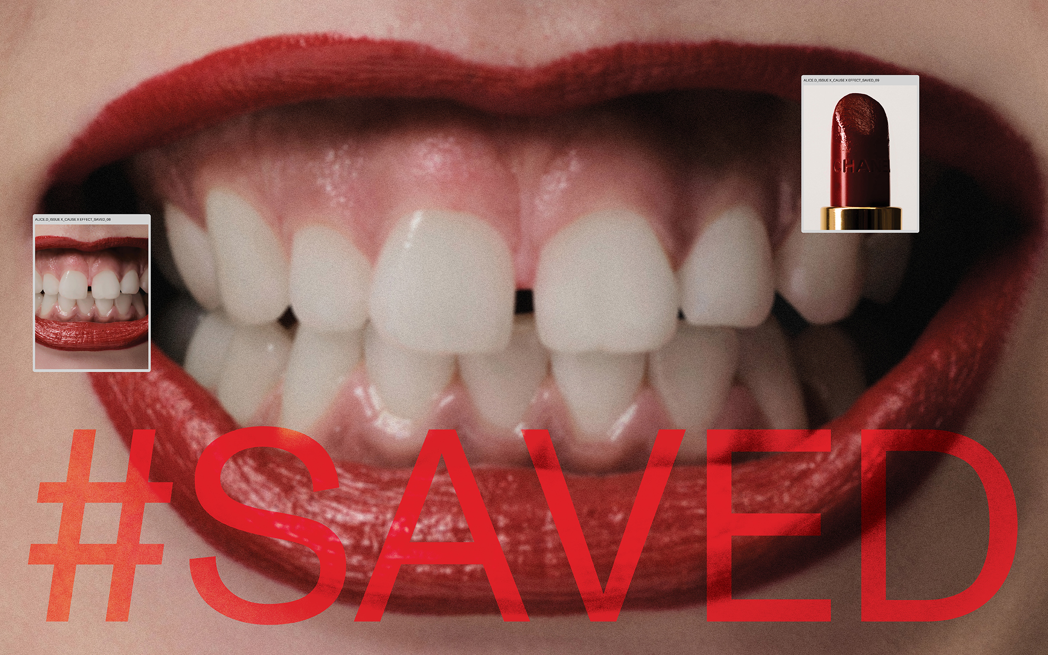 Close-up of woman's mouth with bright red lipstick, showing teeth and a promotional graphic featuring the hashtag #SAVED.
