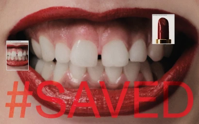 Close-up macro shot of a person smiling with red lipstick and white teeth, overlaid with text reading #SAVED and smaller inset photos.