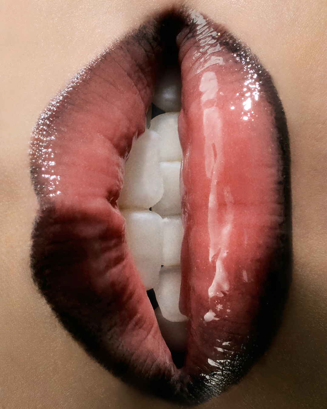 Close-up of a person's mouth with glossy lips and white teeth. The image focuses on beauty, skincare, and dental health.