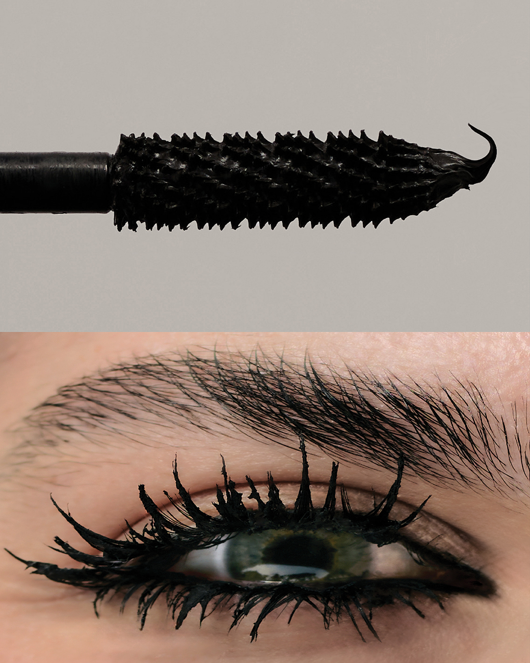 Close-up on mascara brush applicator and an eye with long, dark lashes against a neutral background, beauty photography.