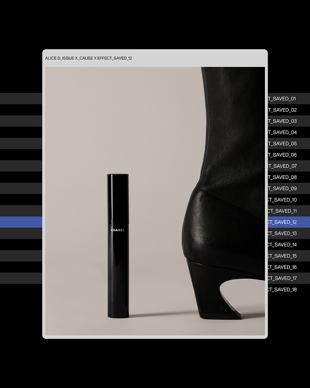 Studio shot of Chanel mascara with black leather heeled boot against a cream backdrop, product photography for beauty and fashion industries.