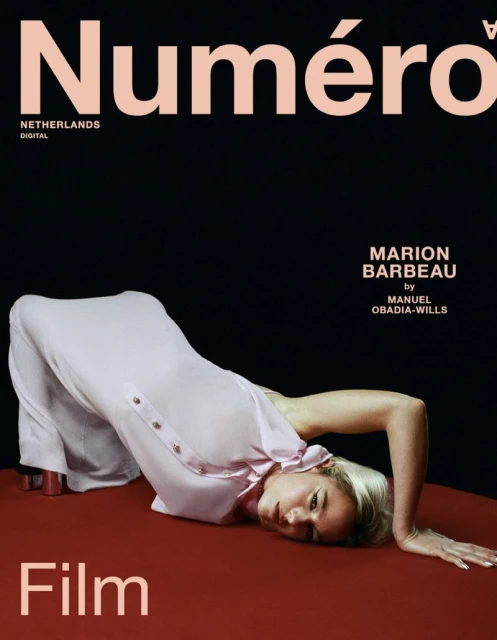 Magazine cover featuring woman in pink shirt and white pants, lying on red surface against a dark background, promoting Film edition.