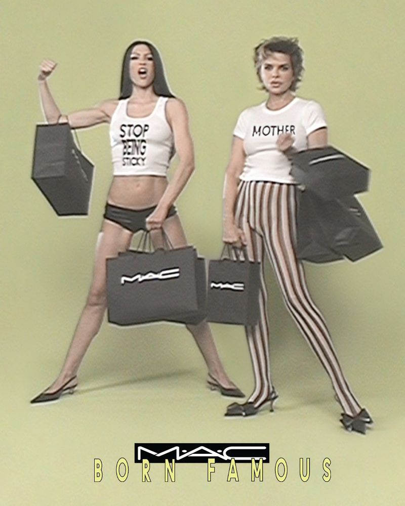 Two women pose with MAC shopping bags against a light green backdrop, promoting the brand's products with bold text and graphic elements.