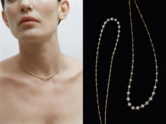 Close-up of a model wearing a delicate gold diamond necklace against a pale background, paired with product shots on black.