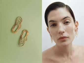 Diptyque split image showing gold drop earrings on olive background and a woman wearing the earrings against a white background