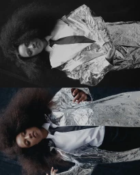 Model in silver metallic trench coat and tie on dark background for Alice.D Magazine editorial by Lucy Jane Brand