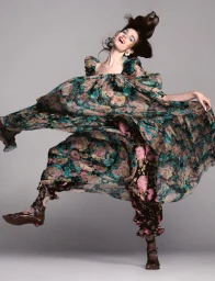 Model Lulu Tenney leaping in a floral print dress for W Magazine photographed by Oliver Hadlee Pearch.