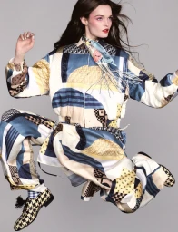 Model Lulu Tenney captured mid-jump wearing a patterned patchwork outfit and houndstooth shoes against a plain grey backdrop.