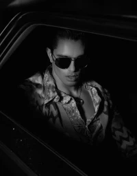 Man wearing sunglasses and patterned shirt leaning inside a dark car window in black and white