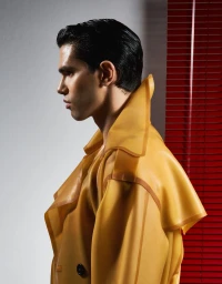 Profile portrait of a male model wearing a translucent yellow trench coat standing against a grey wall with red window blinds