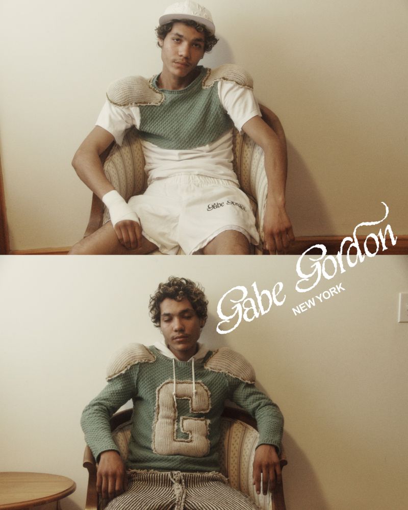 Man in athletic wear and shoulder pads sits indoors; a split image shows different poses and outfits. Fashion and sports imagery.
