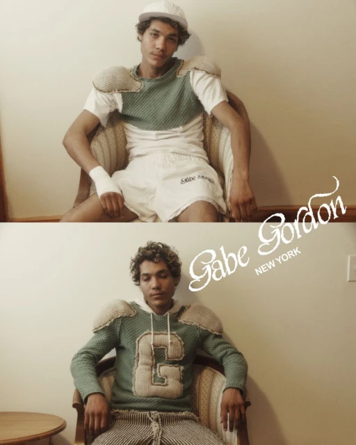 Man in athletic wear and shoulder pads sits indoors; a split image shows different poses and outfits. Fashion and sports imagery.