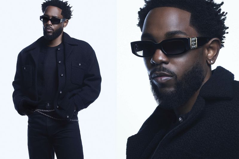 Portrait of a stylish black man wearing sunglasses and a black jacket, split-screen with a close-up view of his face and eyewear.