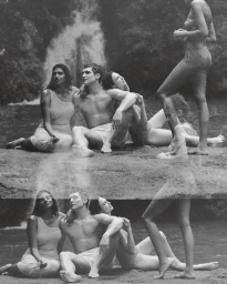 Black and white editorial group portrait featuring multiple models posed outdoors near water for My Island Home by One&Only.