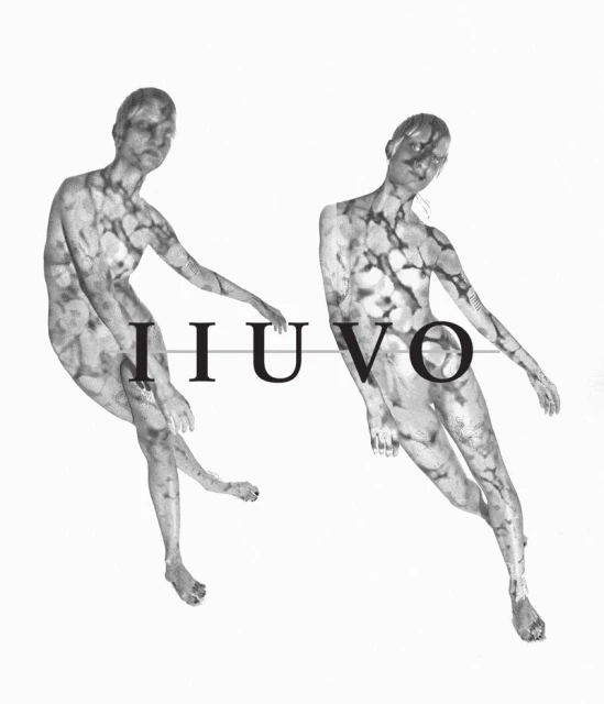 Monochrome artistic composition features two figures with abstract skin patterns and the text "IIUVO" against a white backdrop.