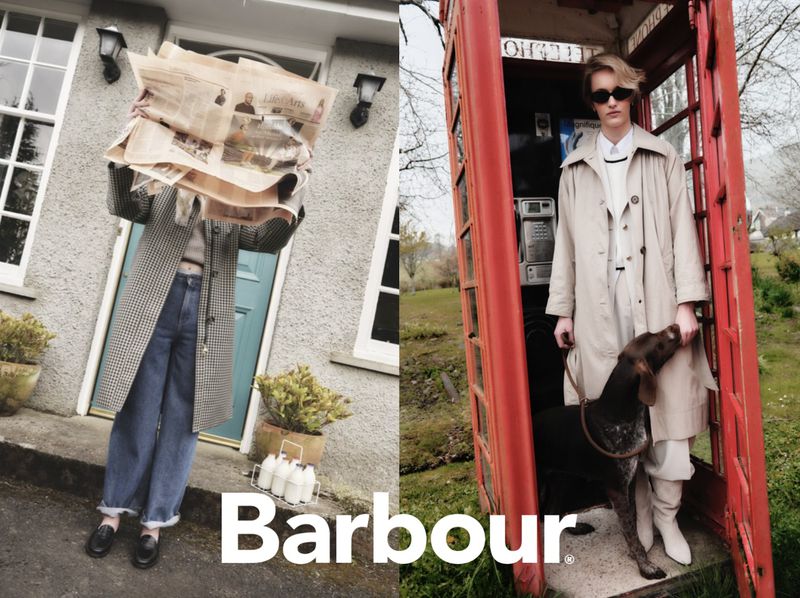 A split fashion shot shows a woman with newspapers and another in a phone booth with a dog. Features Barbour brand logo.