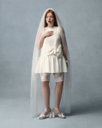 Full-length portrait of a young woman in a short white wedding dress and veil, standing in a studio setting with a light blue background.