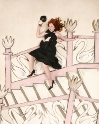 Model lying across an illustrated staircase set design wearing a black bow dress and heels for Zalando Valentine's Day campaign