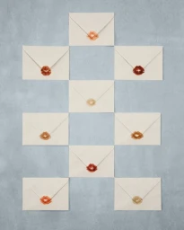 Arrangement of pale cream envelopes with red lipstick kiss marks on a textured grey background.