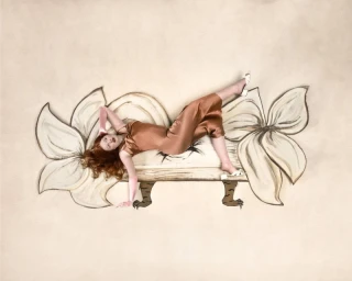 Model in bronze satin dress posing on a painted floral couch for Zalando Valentine Day