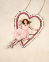 Model Tess McMillan in a pink dress lying inside a giant heart-shaped swing prop for Zalando Valentine's Day