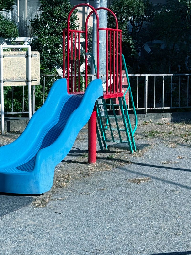 Blue and red playground slide with green ladder in a park-like setting with lush foliage and overcast lighting.