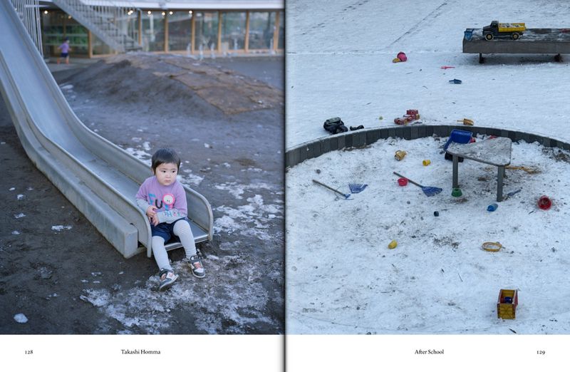 A split-screen composition showing a child on a slide and an empty sandbox full of scattered toys, creating a study of childhood.