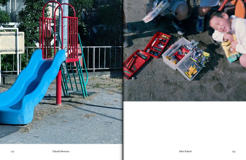 A split image shows a playground slide and children with toy cars in plastic containers on the ground in an outdoor setting.