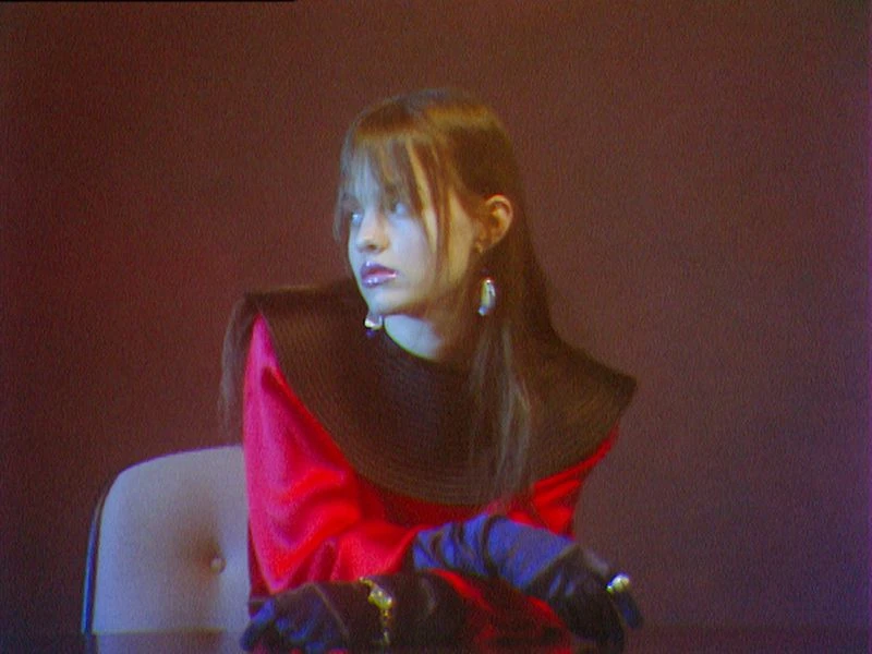 Portrait of a woman with long brown hair sitting in front of a reddish-brown background wearing a red top, brown collar, and blue gloves.