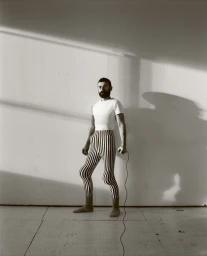 Man with beard wearing striped leggings and a white t-shirt holding a wire against a plain background