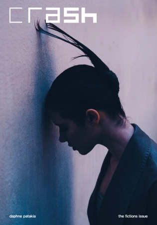 Magazine cover features a woman with unique hair, leaning against a wall with 'CRASH' in bold text. Moody blue and purple tones.