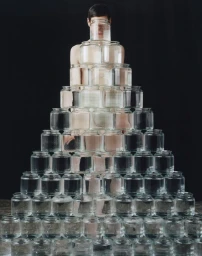 Model Saskia de Brauw behind a large stacked pyramid of glass jars filled with water for Re-Edition Magazine