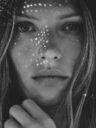 Close-up monochrome portrait of a woman with scattered points of light projected across her face.