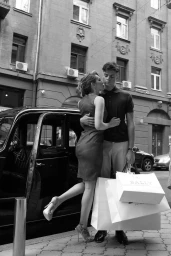 Man holding shopping bags embraces a woman in a sleeveless dress beside an open vintage black car on an urban street.