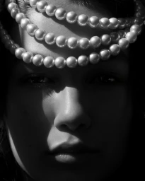 Close-up portrait of a woman draped in multiple strands of glossy white pearl necklaces across her forehead in dramatic contrast lighting.