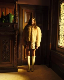 Model wearing a fluffy jacket and high boots standing inside a dimly lit historic room with wood paneling.