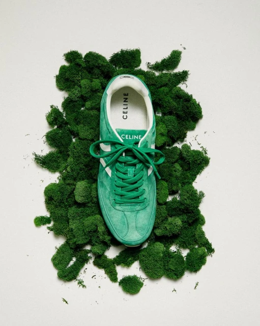 Studio shot of a green CELINE sneaker with white stripes and laces, placed on a bed of green moss, against a white background.