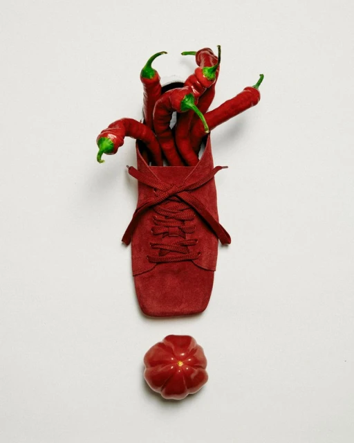 Still life with red chilies bursting from a laced red shoe, alongside a ripe tomato, creating a visually striking food composition.